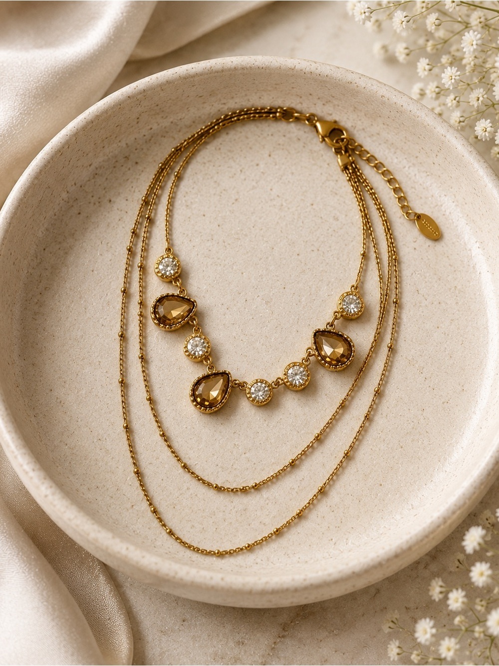 Gold Layered Teardrop and Crystal Pendant Necklace - Women Jewelry - Picture 5 of 5